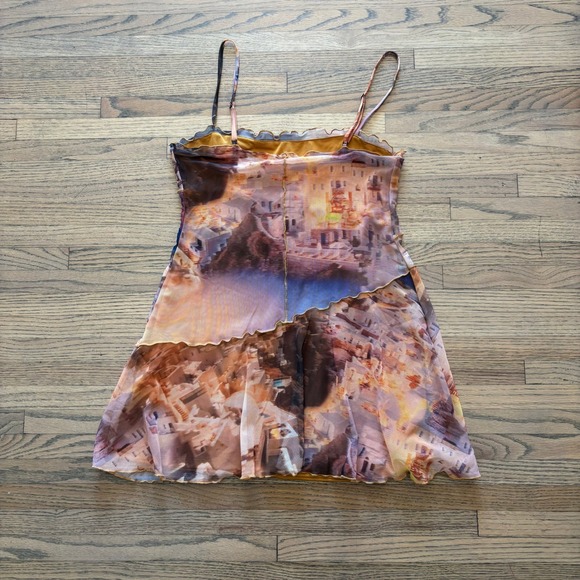 Urban Outfitters Mesh Santorini Landscape Mini Dress Orange Purple Medium - Picture 5 of 5